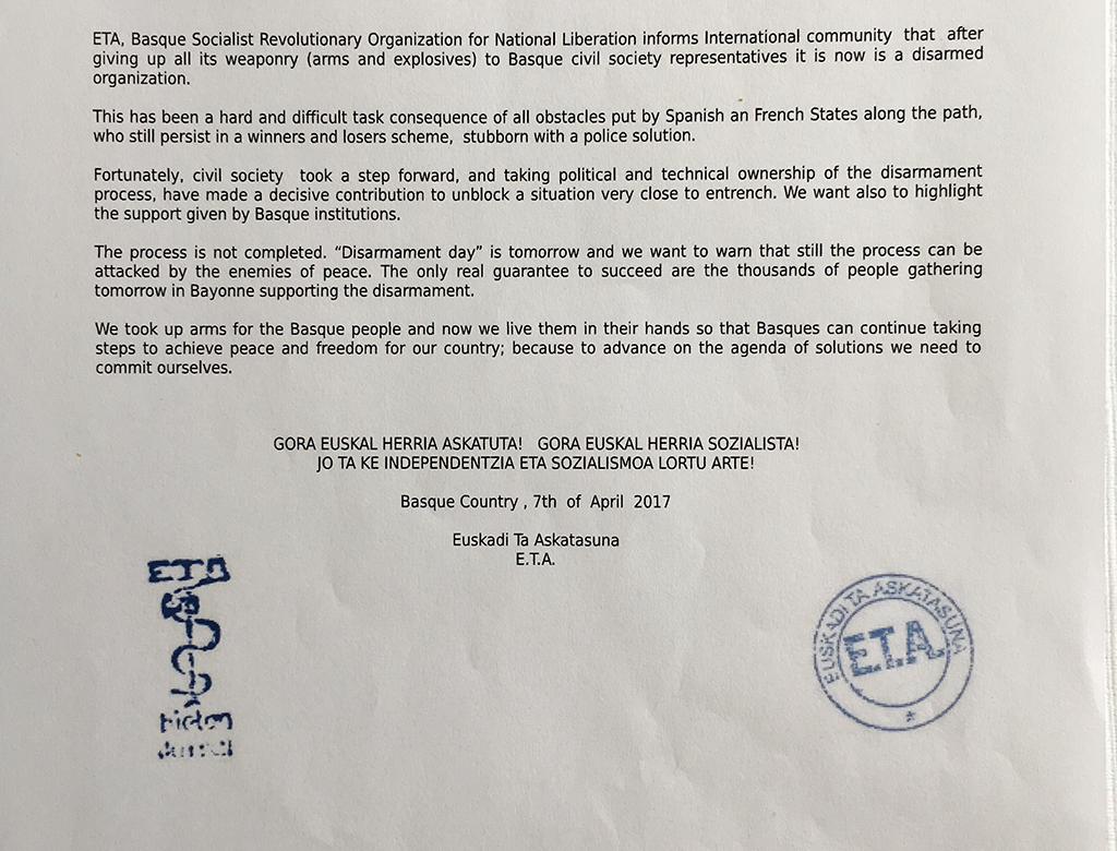 Comunicato ETA, 7 aprile 2017