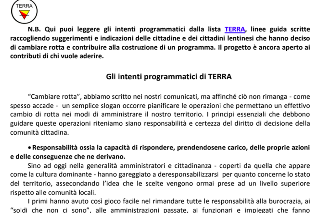 Amministrative 2021, Lentini: gli intenti programmatici di «Terra»